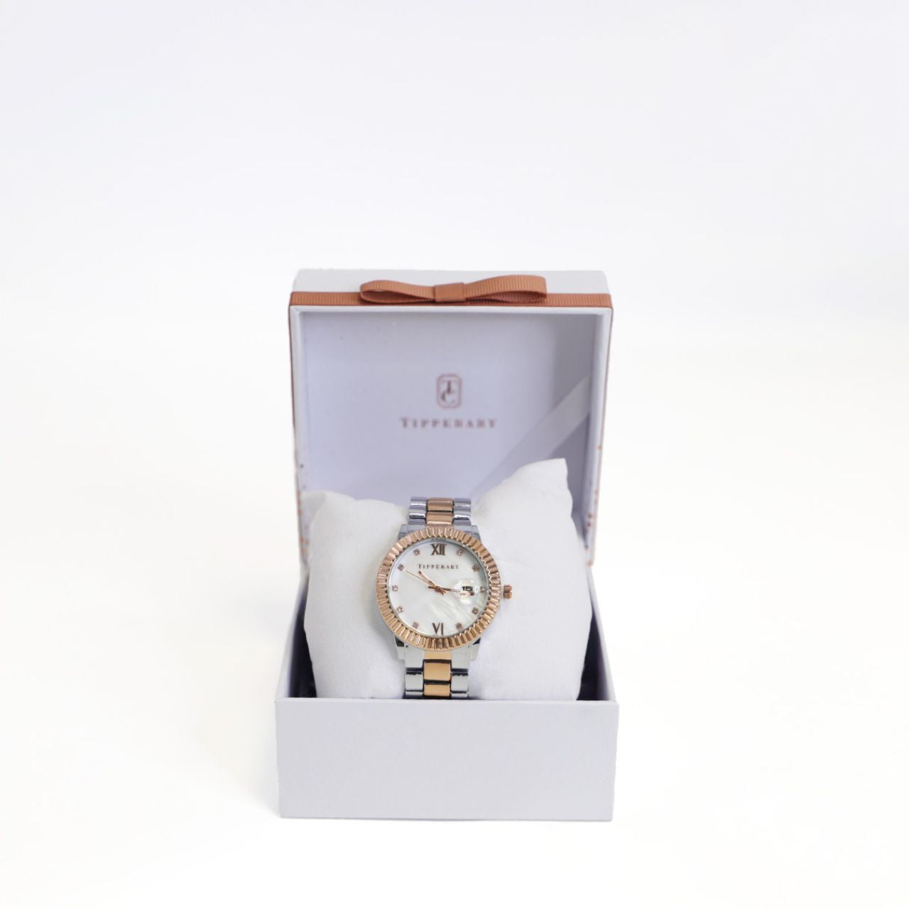 Crafted by the designers at Tipperary, A harmonious blend of classic and contemporary style, the Grenadier Ladies Watch is a true standout. Featuring a polished silver-tone case with a refined rose gold bezel, it’s paired with a matching two-tone band - silver with a striking rose gold centre link.