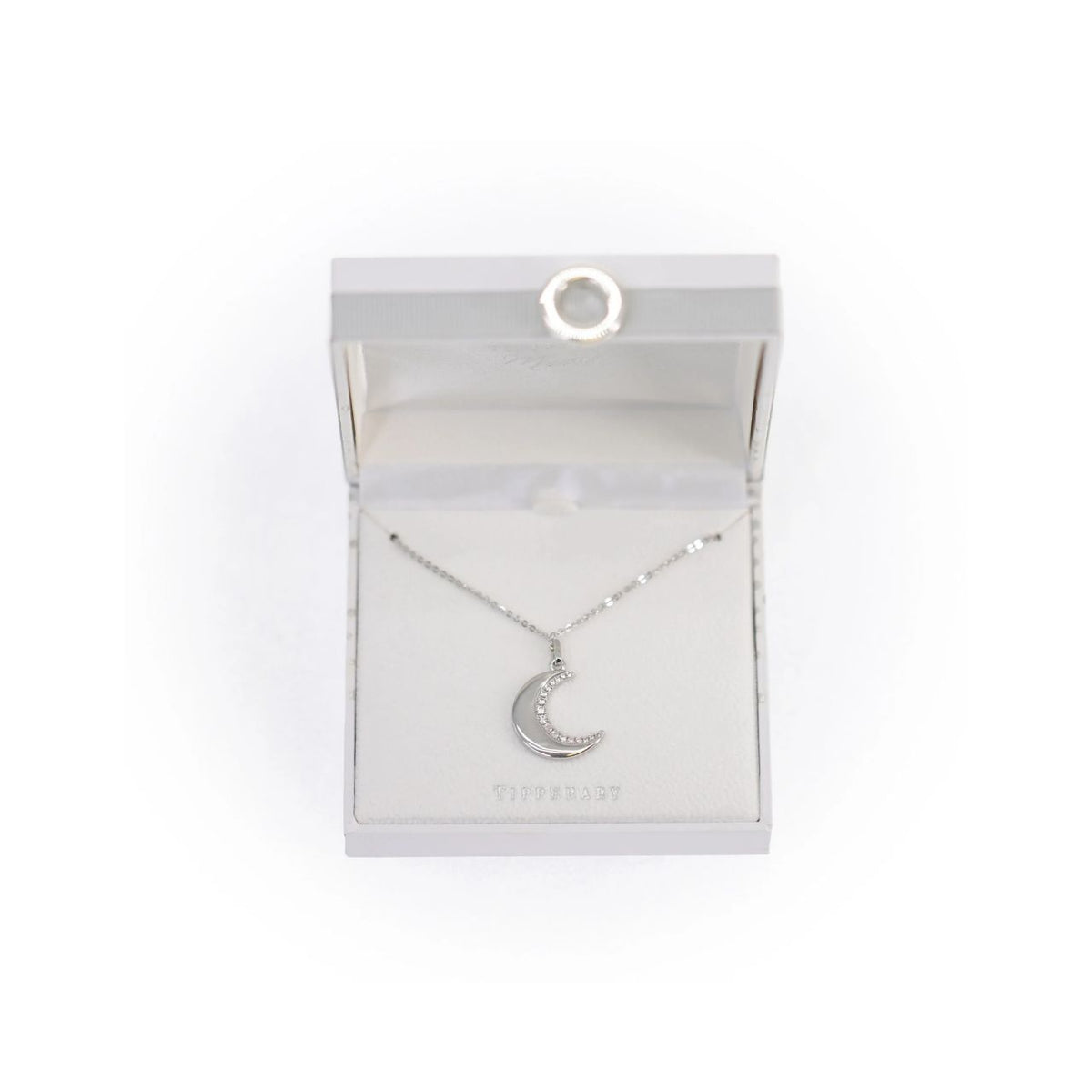 This beautiful half moon Pendant is crafted from Silver and feature a semi pave set half moon icon, the half moon is attached to a delicate chain by a highly polished bale that slides freely. This pendant closes with a lobster clip and is finished with a TC Fob.
