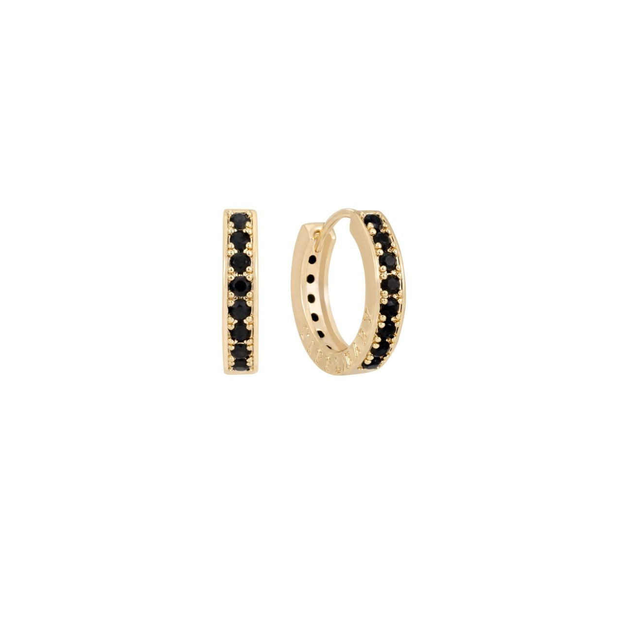 Introducing the elegant, new 2025 Gold Halo Eclipse Mini Black CZ Hoop Earrings by Tipperary. These earrings feature a stunning halo design with black CZ stones, encircled in gold. Elevate your style with this timeless piece, perfect for any occasion.