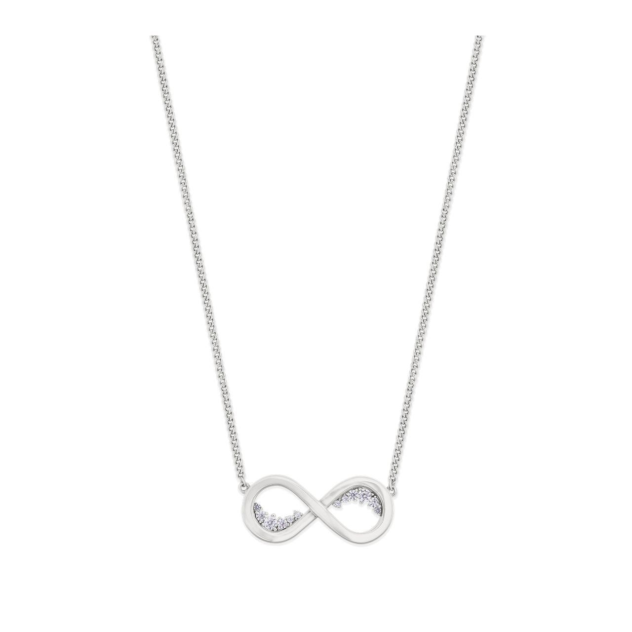 Crafted from Rose Gold this beautiful pendant features an Infinity Motif with Crystals sitting on the inside curve. Adjustable chain is closed with a lobster clip and TC fob finishes.