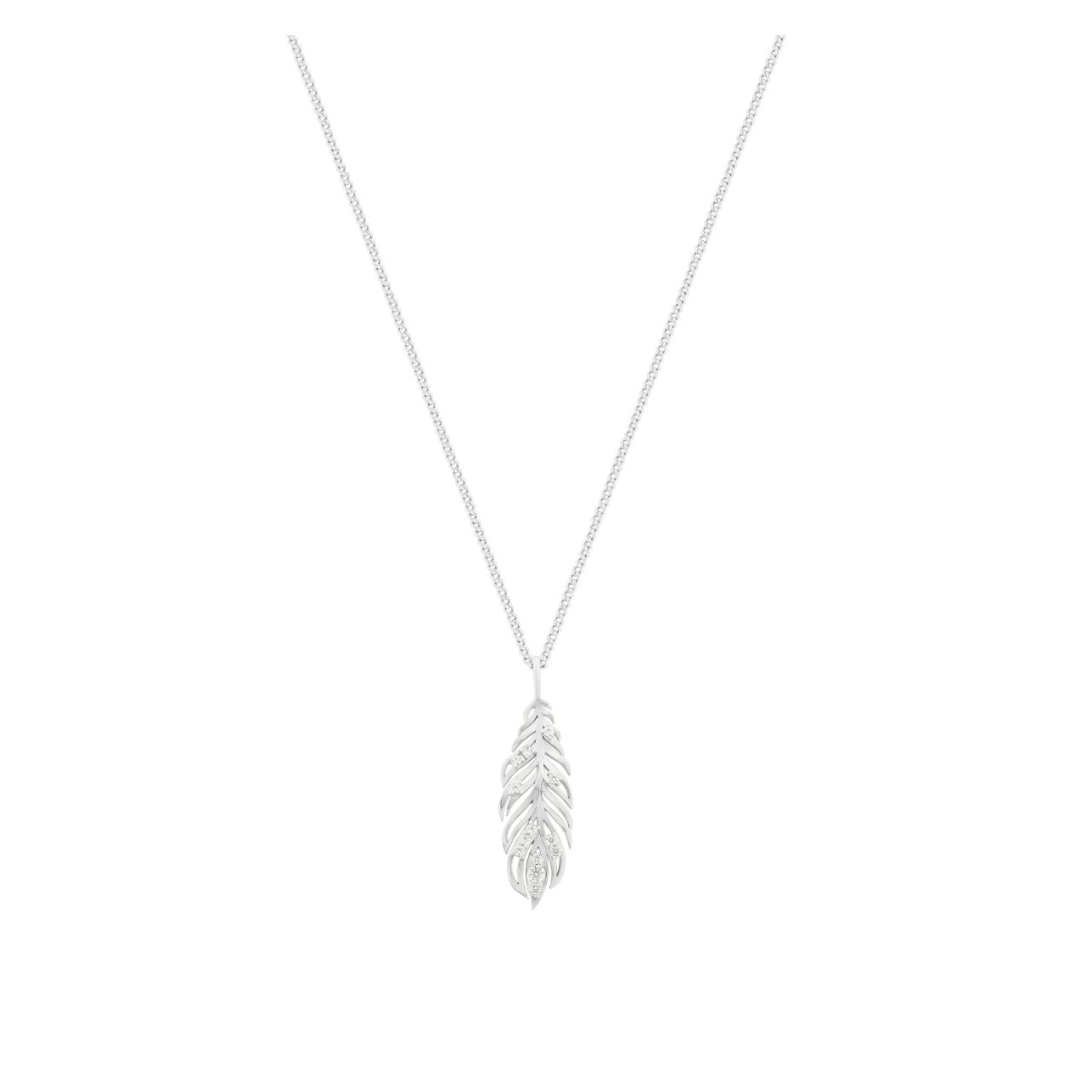 Elevate your elegance with the Tipperary Long Feather Pendant, crafted in gleaming silver and delicately inset with sparkling cubic zirconia. This refined piece captures the graceful silhouette of a feather, symbolizing lightness and freedom, while the shimmering CZ accents add a subtle radiance.