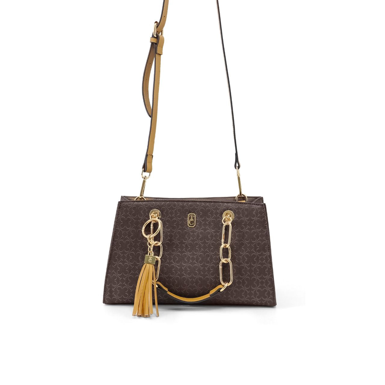 The Tipperary Monogram Handbag in Mocha is a sophisticated accessory designed for the discerning individual. Crafted with attention to detail, its monogram pattern adds a timeless elegance, while the rich mocha colour complements a variety of outfits.