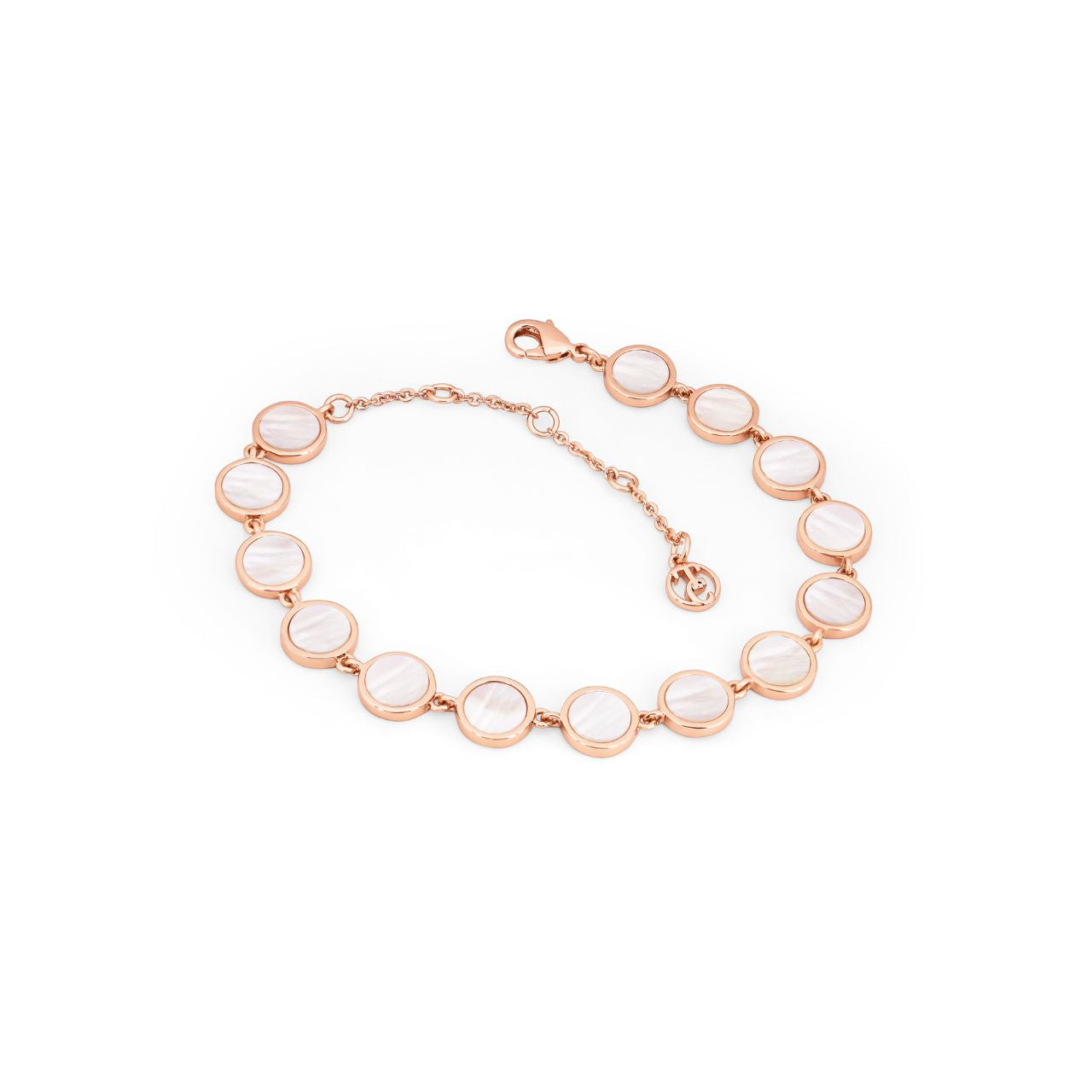 Mother Of Pearl Full Moon Bracelet by Tipperary This Bracelet is crafted from Rose gold and features fourteen perfectly round discs with a Mother of Pear inlay, this bracelet closes with a lobster clip and is finished with a TC Fob.