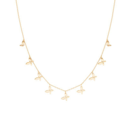 Discover the delicate beauty of the Tipperary Nine Butterflies Gold Necklace. Crafted with nine intricately detailed butterflies, this necklace exudes elegance and grace. The perfect accessory for any occasion, it is sure to add a touch of sophistication to any outfit. This necklace is a timeless addition to your jewellery collection.
