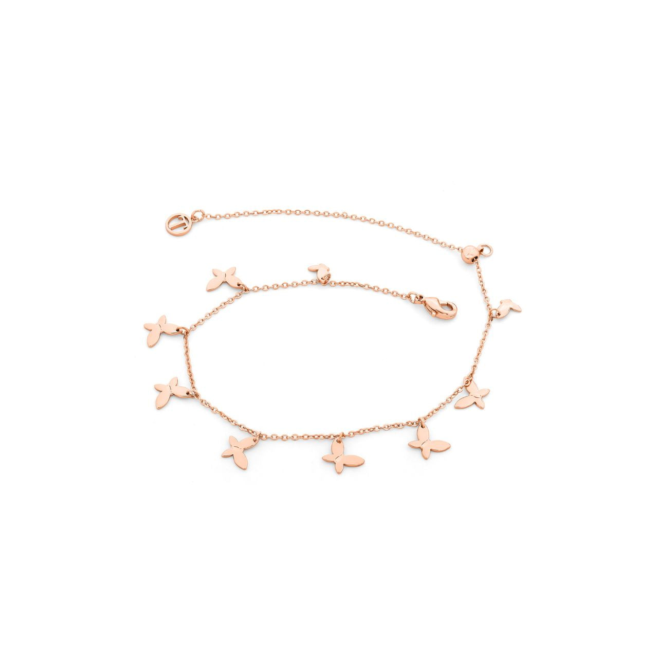 Elevate your elegance with the Nine Butterflies Rose Gold Bracelet by Tipperary. Crafted in a warm rose gold tone, this delicate piece features nine intricately designed butterflies, symbolizing transformation and grace.