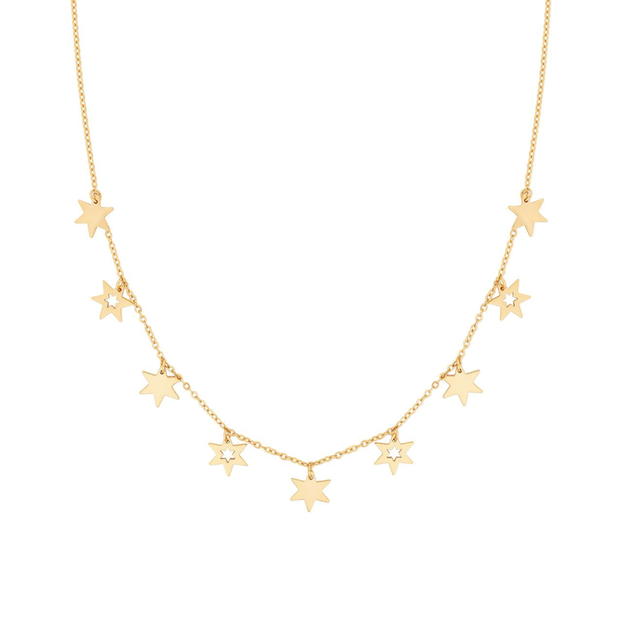 Gold Nine Star Necklace by Tipperary Introducing the elegant Tipperary Nine Star Necklace in gold. Crafted with nine stunning stars, this necklace is a symbol of beauty and elegance. Made by Tipperary, a brand known for its exquisite jewellery, this necklace is a must-have for any fashion-forward individual. Elevate your look with this stunning accessory.