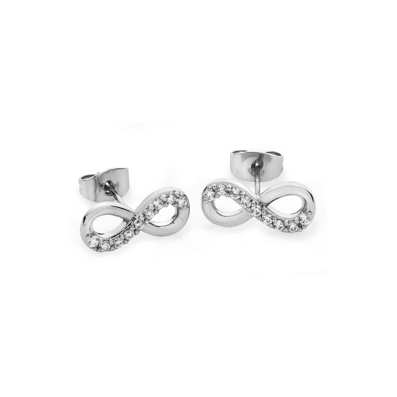 Always elegant, these stud earrings showcase “refined style”. Fashioned in silver, each earring features an infinity symbol-shaped design partially lined with a row of dazzling round clear crystals. Radiantly finished with a bright polished shine, they secure comfortably with push backs.