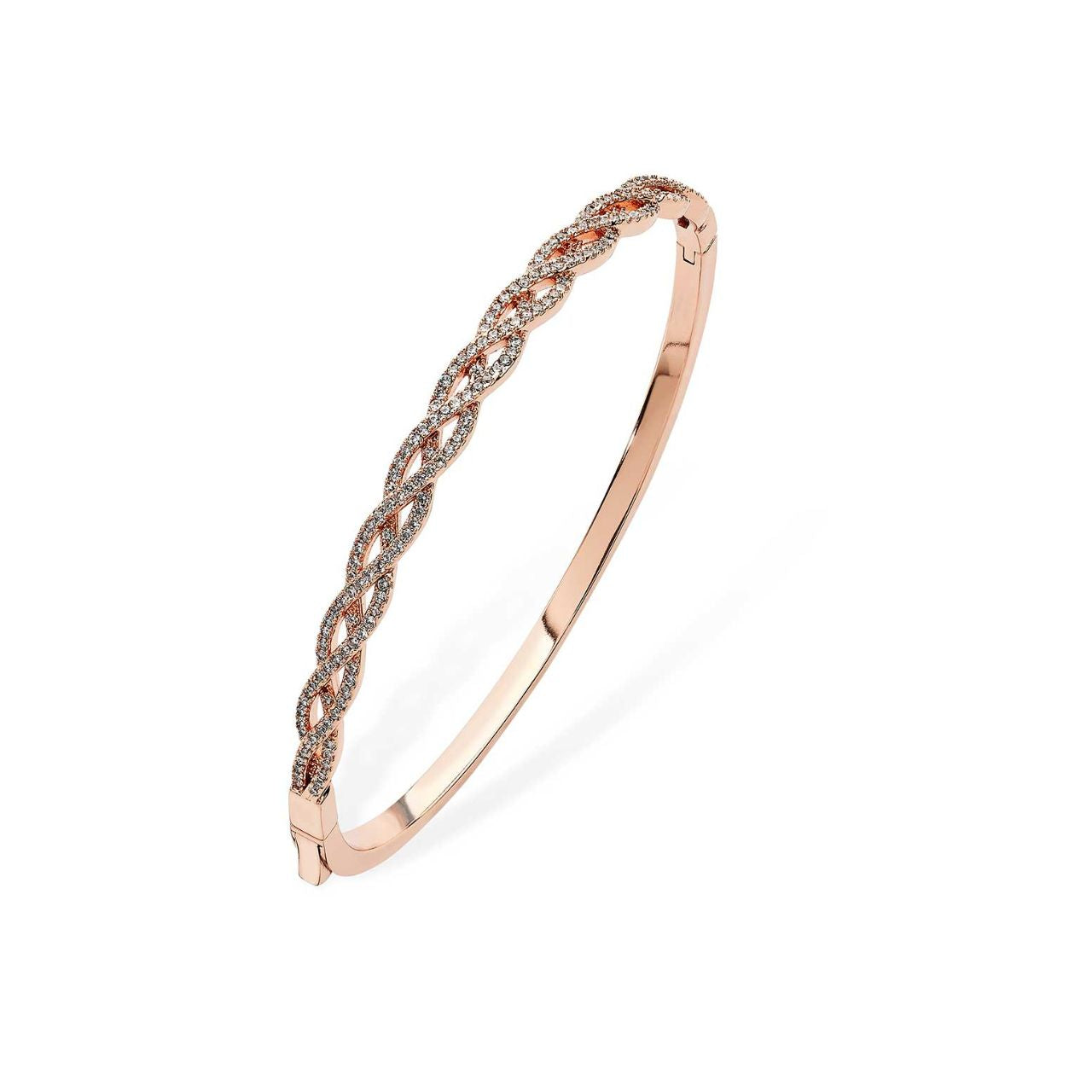 Adorn your wrist with this beautiful bangle that comes in Silver or Rose Gold. This piece has interlinking waves of crystal ﬂowing through the design. This bangles can be worn as a single piece or stacked. The clasp is on a hinge and gives a clean seamless look to the bangle.
