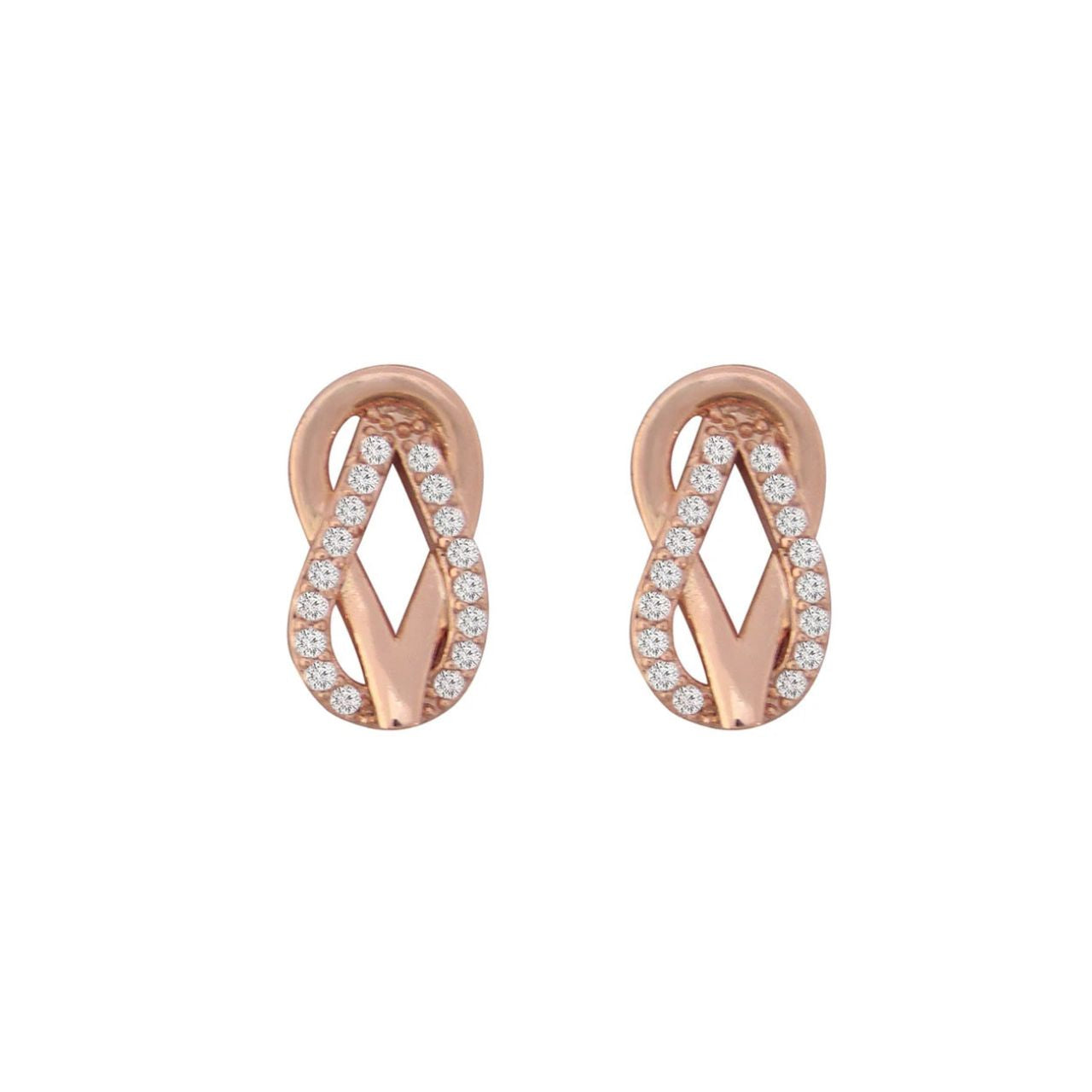 Expertly crafted in rose gold, these infinity inspired earrings are a very dimensional look featuring two sleek linking tear-drop shaped elements.