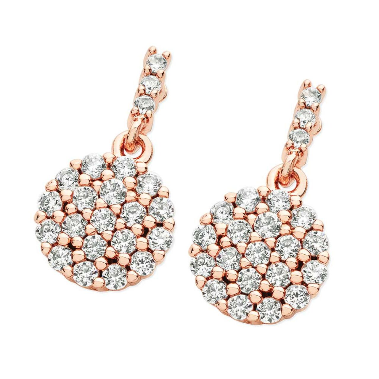 Rose Gold Drop CZ Earrings by Tipperary A shimmering choice, these cute pavé crystal set front and back earrings are sure to be a fovourite worn again and again. Fashioned in on-trend rose gold, each post earring showcases mesmerising round clear crystall composites. The discs suspend from a linear drop lined with a trio of beautiful round crystals, cut to enhance their brilliance and shine.