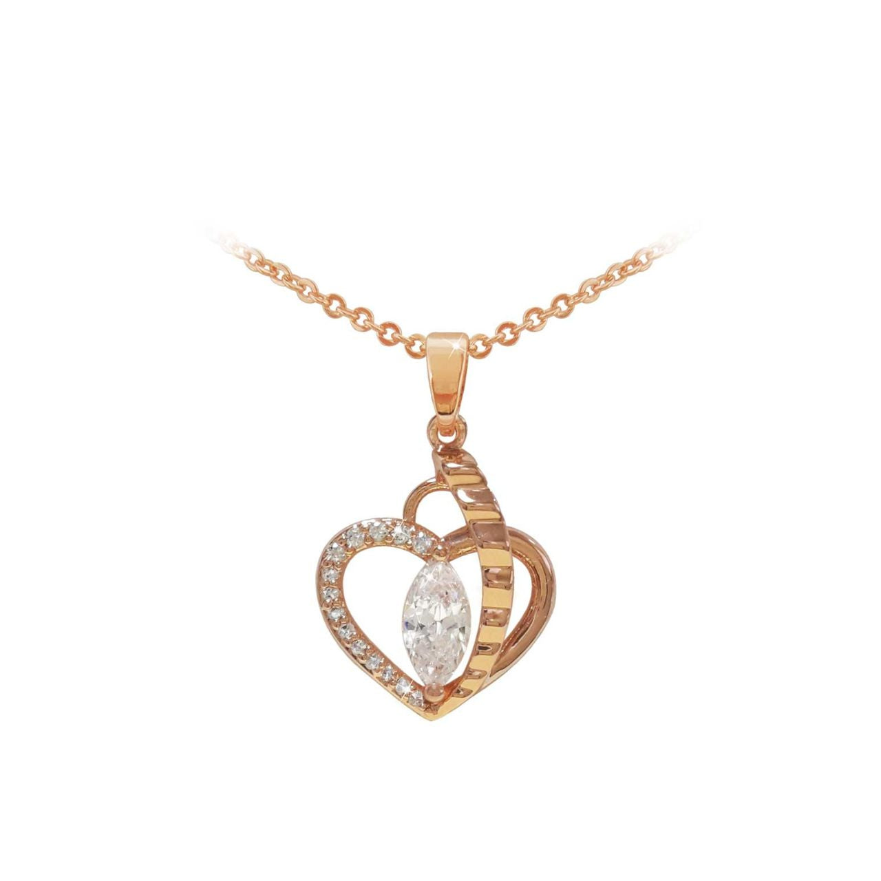 This unusual sparkling heart pendant is certain to catch the eye. Fashioned in warm rose gold, the open heart design is half-lined with shimmering clear crystal accents that gleam at every angle. A single marquise cut crystal is the centrepiece of this elegant pendant which suspends from a uniquely styled bale.