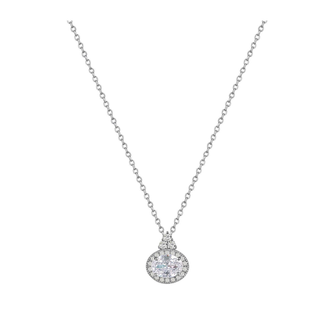 Elegant silver pendant featuring a classic oval clear stone set within a sparkling clear crystal surround.