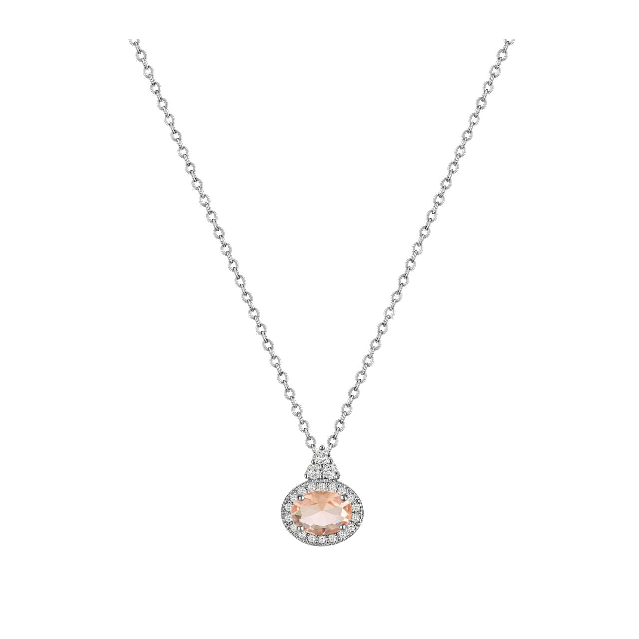 Elegant silver pendant featuring a striking oval pink stone framed by a sparkling clear crystal surround.