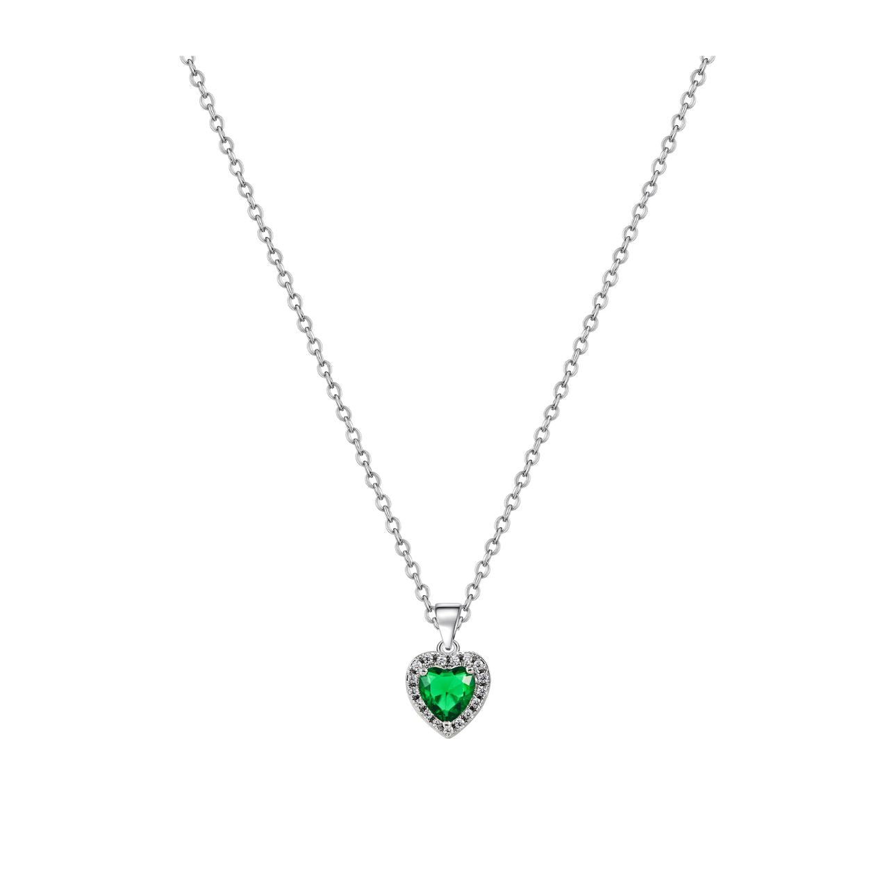 Elegant silver pendant featuring a heart design adorned with sparkling diamonds and a rich emerald stone.