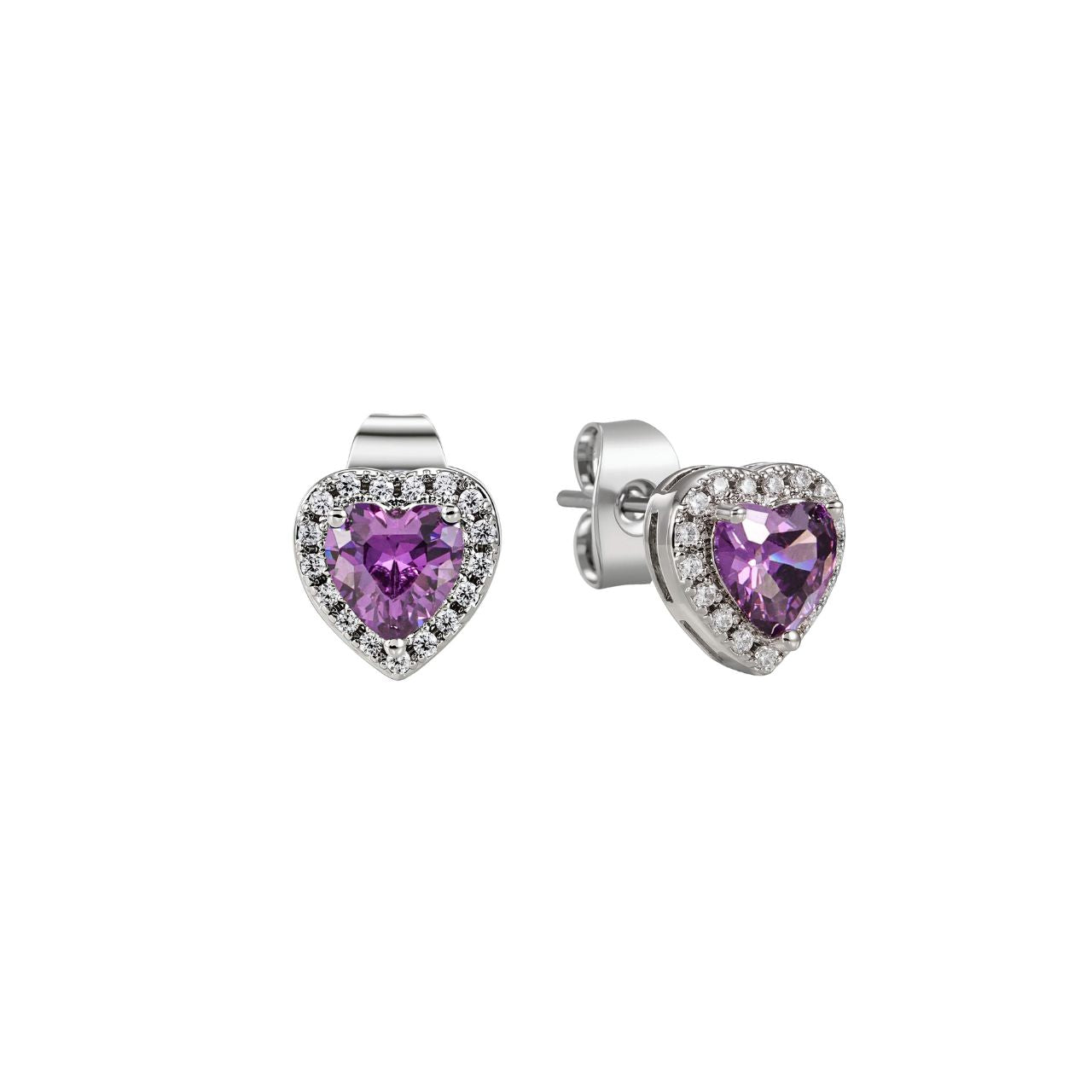 Elegant silver heart earrings adorned with sparkling diamond accents and a rich purple finish. Crafted by Tipperary, these timeless pieces combine classic design with contemporary style.
