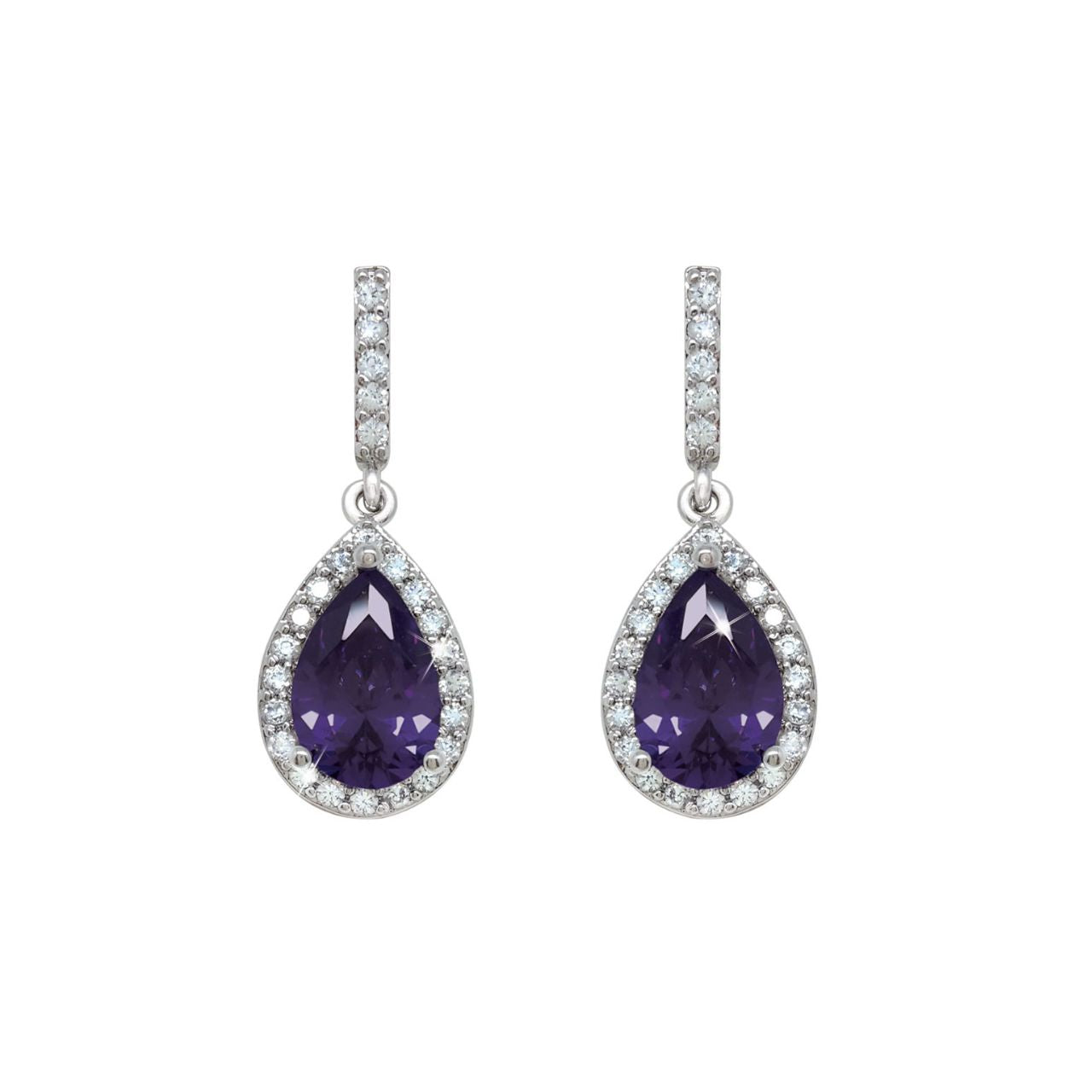 Silver Pear Shape Earrings - Purple by Tipperary Elegant and dramatic, these exquisite drop earrings are sure to be a favourite. Shimmering with beauty and sophistication they are created in timeless silver. Each dazzling design glistens endlessly with a sparkling pear-shaped centre stone bordered with a halo frame of luminous clear crystals accents.