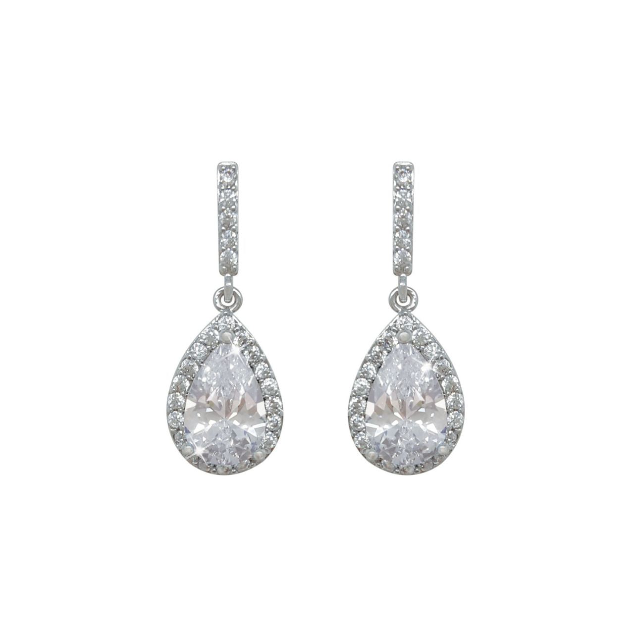 Silver Pear Shape Drop Earrings White by Tipperary Elegant and dramatic, these exquisite drop earrings are sure to be a favourite. Shimmering with beauty and sophistication they are created in timeless silver. Each dazzling design glistens endlessly with a sparkling pear-shaped centre stone bordered with a halo frame of luminous clear crystals accents.
