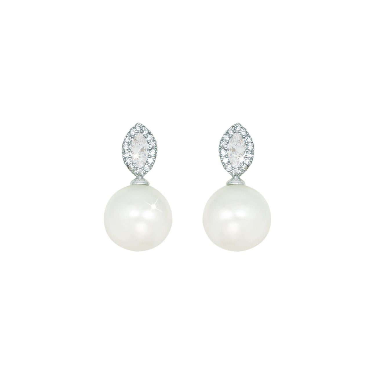 These elegant pearl and crystal post earrings are a captivating look. Fashioned in elegant silver, each shimmering earring highlights a luminous pearl topped by a marquise-shaped post lined with a sparkling halo of clear, round crystals. Radiant with a bright polished shine, these demure earrings secure comfortably with friction backs.