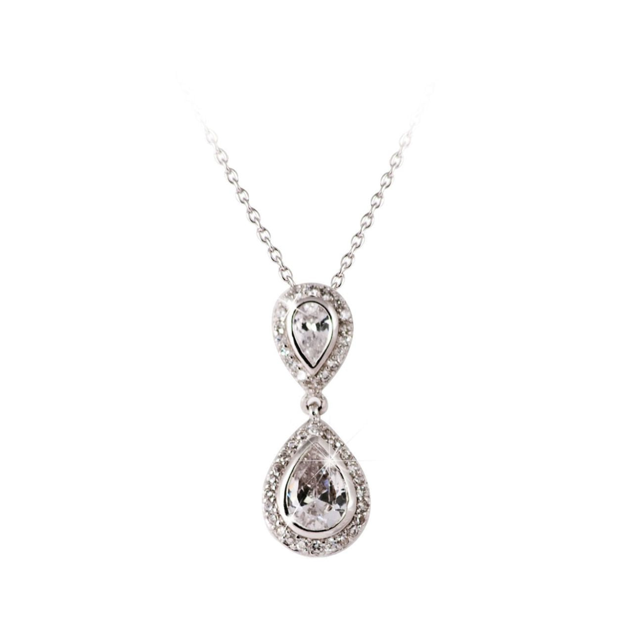 Silver Pendant Pear Shape Drop by Tipperary Crystal A regal and elegant look, this pear-drop pendant will captivate for sure. Fashioned in sleek silver, the eye is drawn to the luminous pear-shaped white center stone bordered with a frame of shimmering crystal accents. A silver bridge connects this drop to a smaller version of itself which acts as a stunning bale.