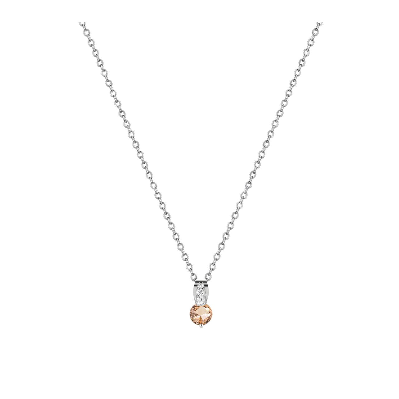 Elegant silver pendant featuring a lustrous round pink stone set in a decorative pave bale.