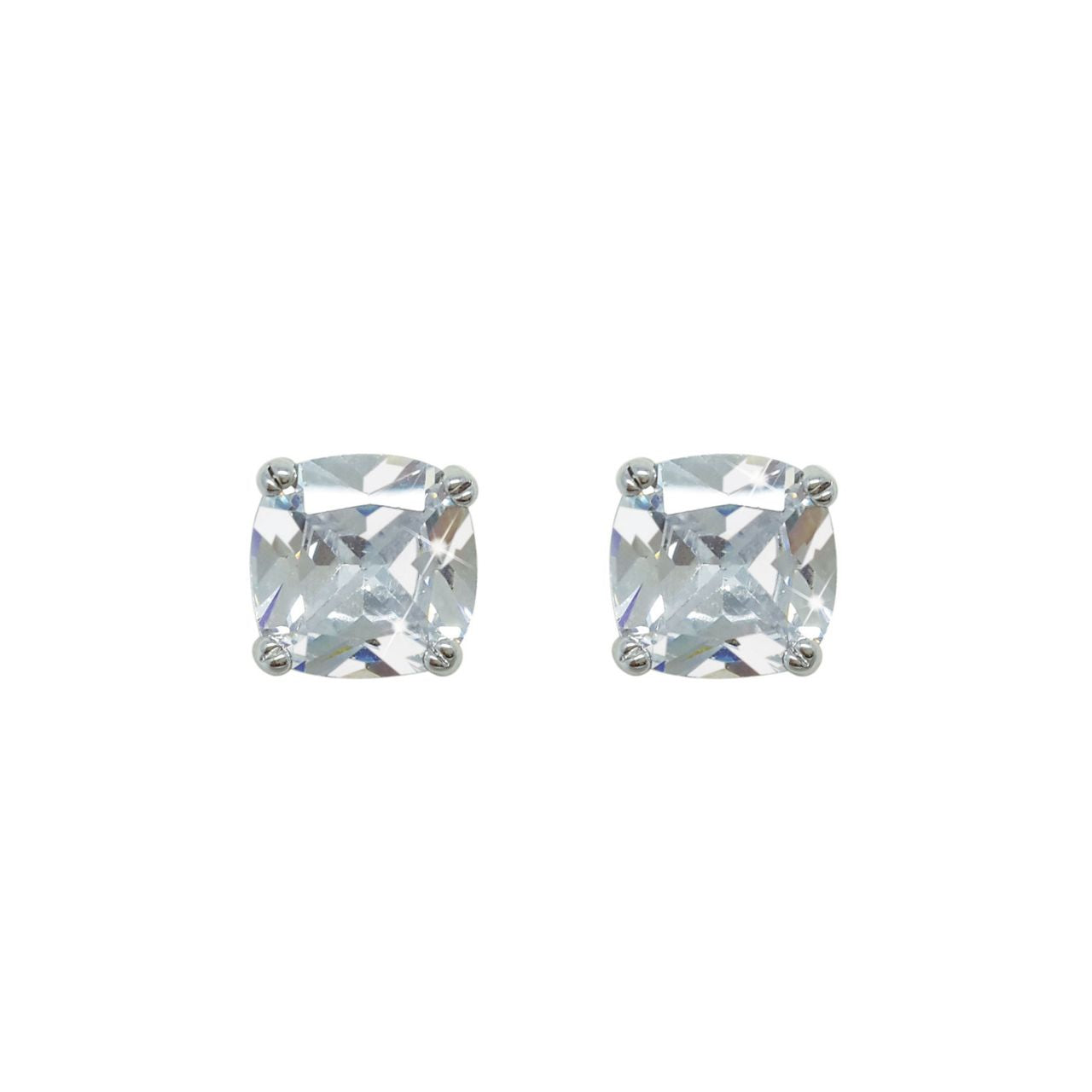 Silver Square Earrings With Clear Stone by Tipperary Fashionable, contemporary and regal, these princess-cut solitaire studs have spectacular brilliance. Fashioned in cool silver, the sparkling solitaires glisten in their sleek four prong setting. A stunning accessory, these luminous clear crystal post earrings will add sparkle to any look. Polished to a bright lustre they secure safely and comfortably with push backs.
