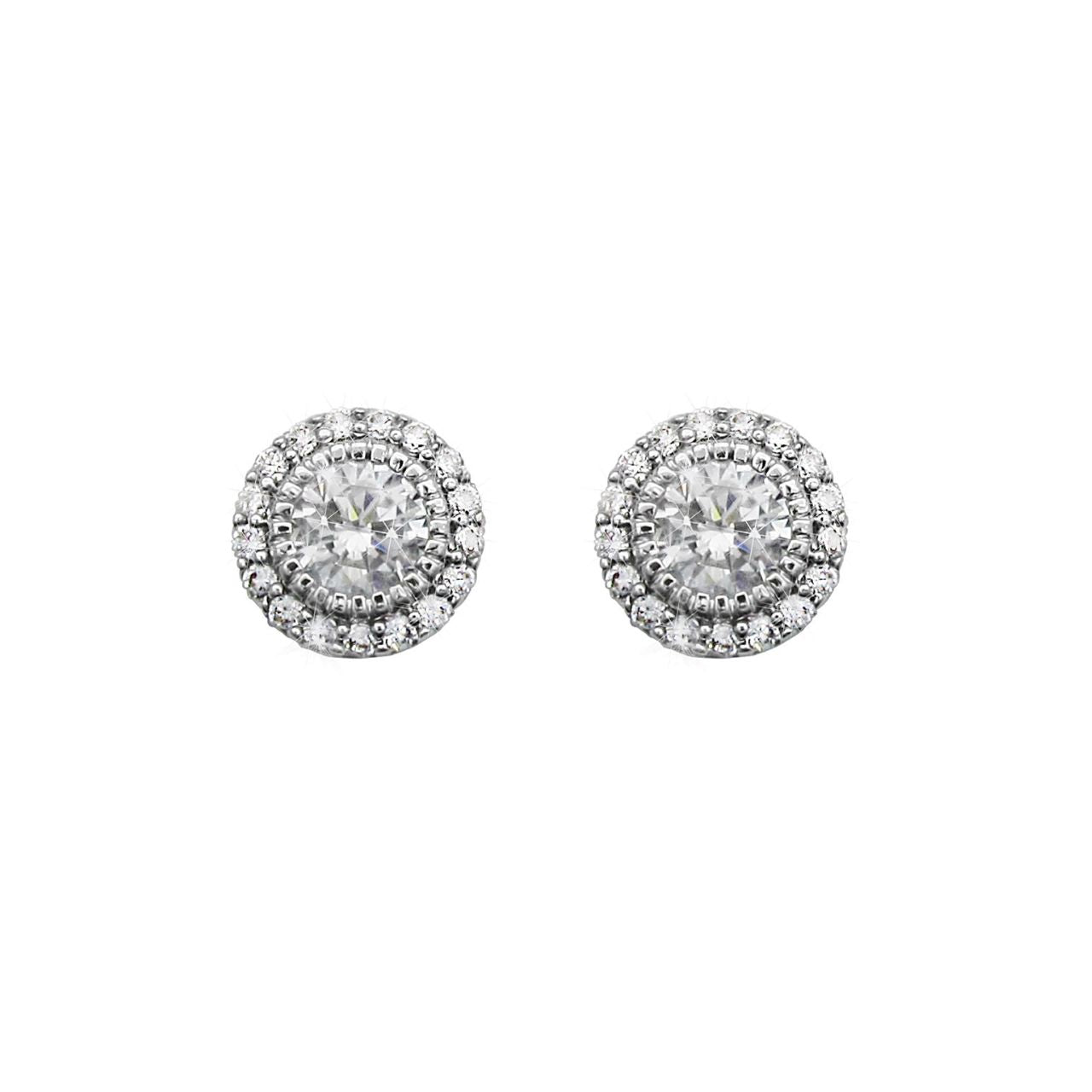 Silver Stud Cz With Pave Surround Earrings by Tipperary Crystal Perfect for day or evening wear, these elegant crystal post earrings will add sparkle with every turn of the head. Fashioned in timeless silver, each earring features a round cz stone, cut to sparkle and shimmer, wrapped in an embrace of tiny clear crystal accents. A radiant marriage of crystals and cool silver, brilliantly buffed these post earrings secure comfortably with push backs.