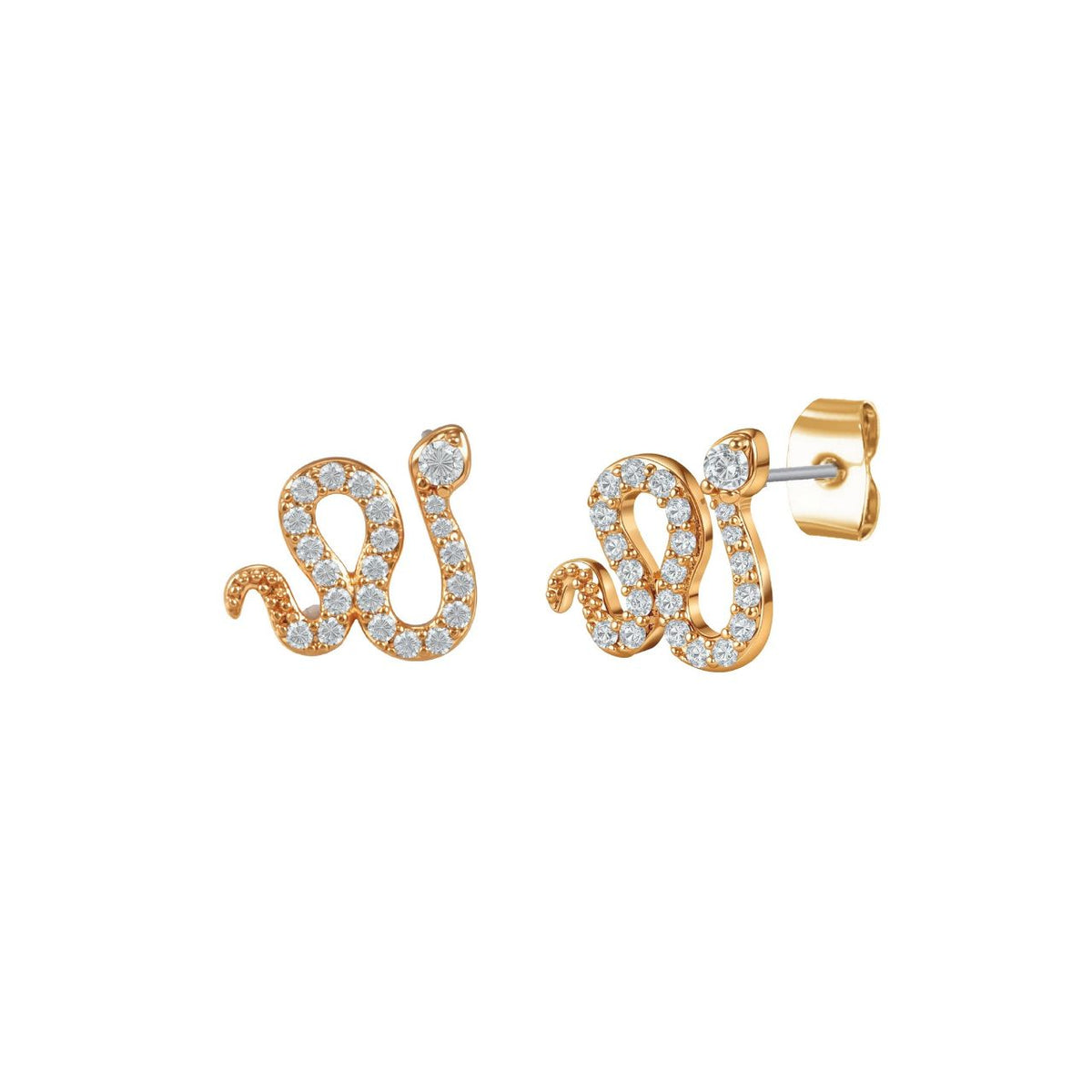 These small gold studs are shaped as a winding snake and set with clear stones. They add a subtle sparkle to any outfit and pair well with a matching snake pendant.