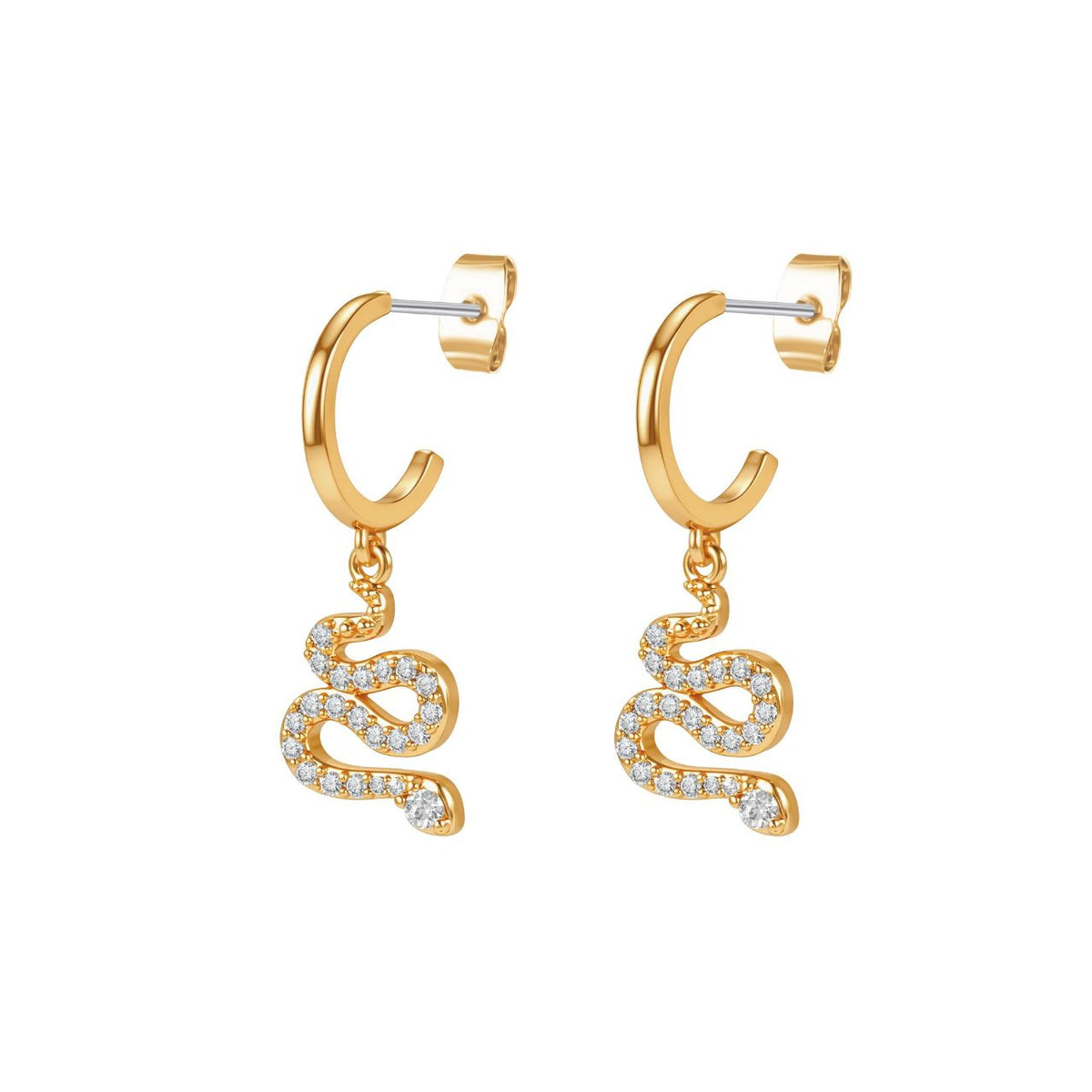 These gold huggie earrings hold a sparkling snake drop set with clear stones. Wear them on their own to lift a daytime outfit or pair them with a matching snake pendant for a coordinated look.
