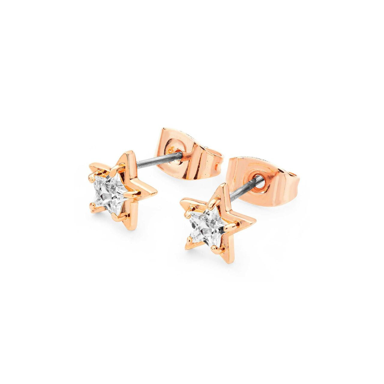 Star Clear CZ Stud Rose Gold Earrings by Tipperary Crafted in rose gold these earrings can be worn everyday to add a touch of sparkle to any outfit. They secure comfortably with pushbacks.