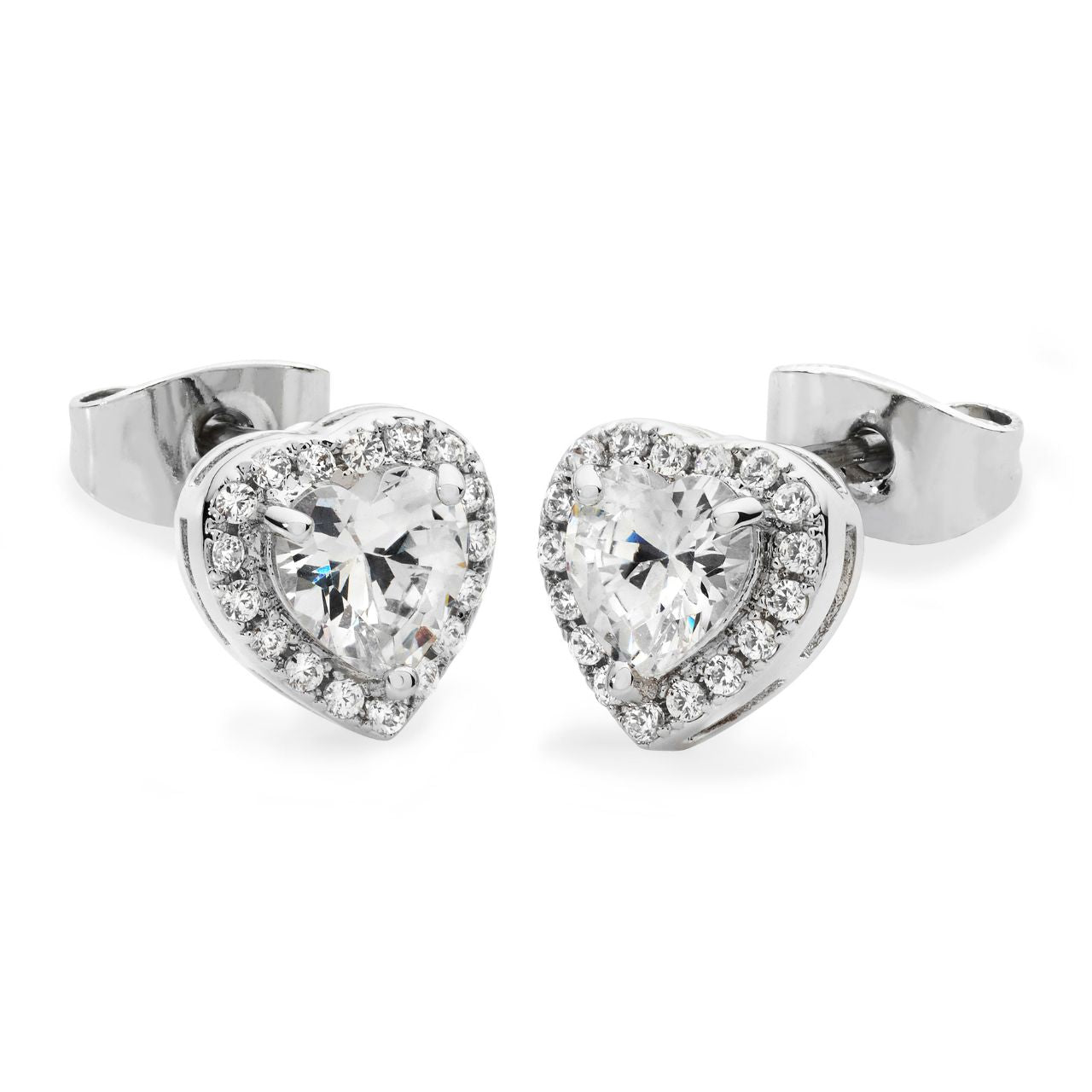 Sterling Silver Diamante Heart Stud Earrings by Tipperary Crafted in Sterling Silver, each eye-catching stud earring features an enchanting heart-shaped clear crystal center stone framed with a border of shimmering crystal accents. Buffed to a bright lustre, these earrings secure comfortably with push backs.