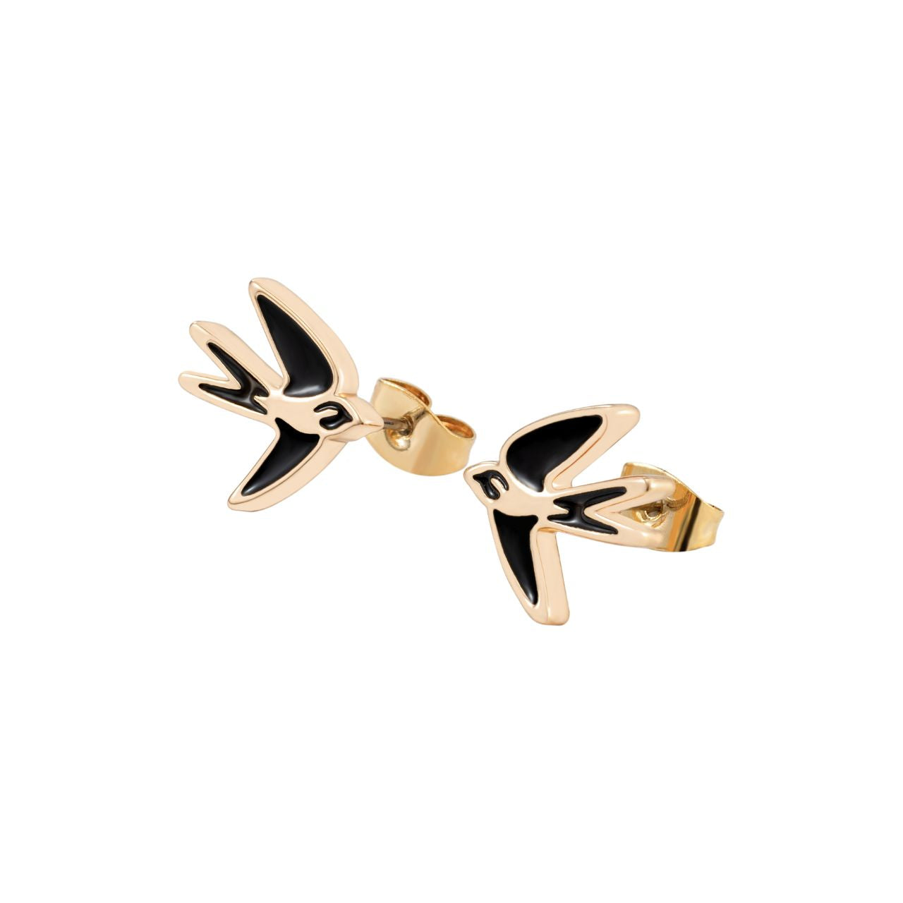 The Swallow Stud Earrings Black Inset – Gold showcase a graceful swallow in mid-flight, symbolizing freedom and elegance. With their sleek gold finish and striking black inset, these earrings add a refined touch to any outfit.