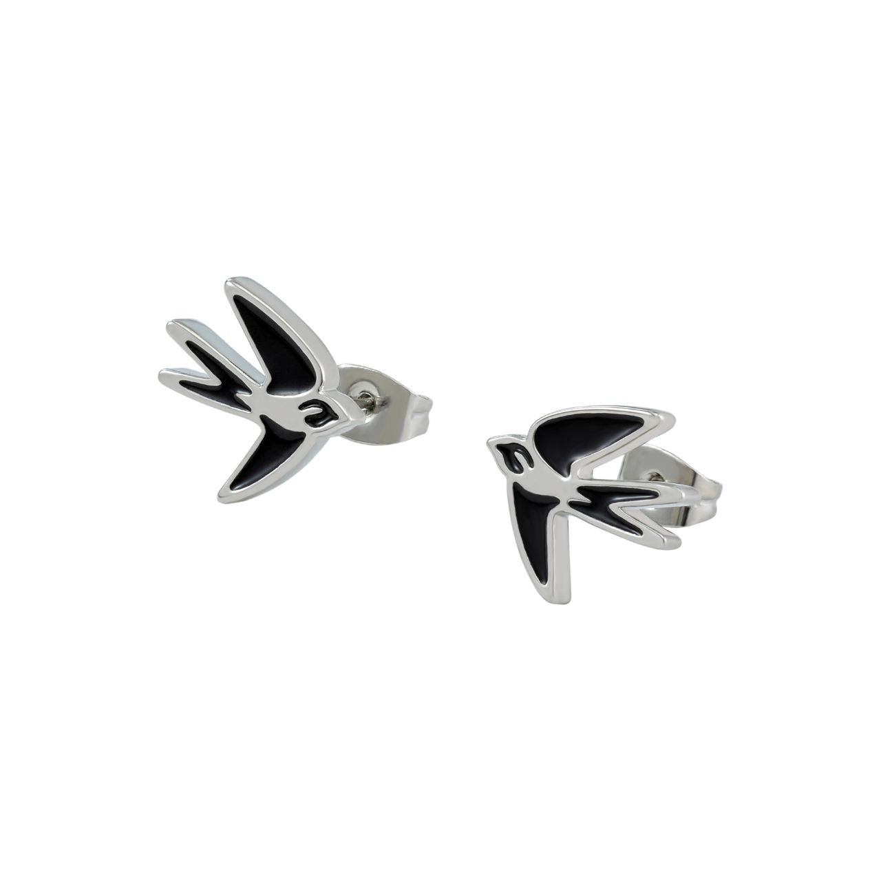 The Swallow Stud Earrings Black Inset – Silver showcase a graceful swallow in mid-flight, symbolizing freedom and elegance. With their sleek silver finish and striking black inset, these earrings add a refined touch to any outfit.