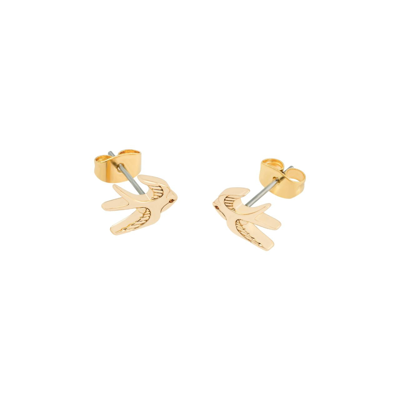 The Swallow Stud Earrings - Gold feature a delicate design of a swallow in mid-flight, symbolizing freedom and grace. These earrings add a subtle touch of elegance to any look. Their timeless design makes them perfect for both everyday wear and special occasions, offering a charming and sophisticated accent to your jewellery collection.
