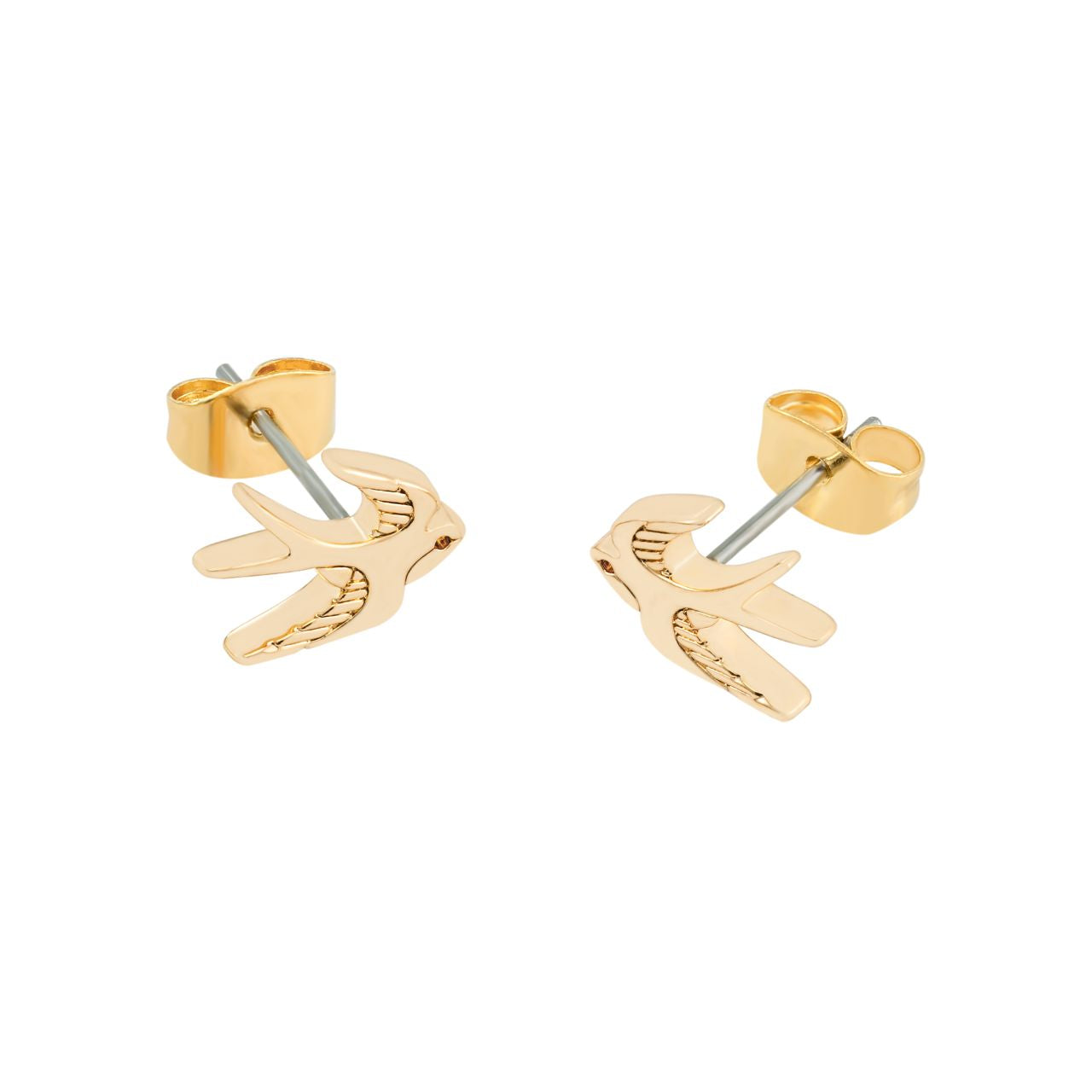 The Swallow Stud Earrings - Gold feature a delicate design of a swallow in mid-flight, symbolizing freedom and grace. These earrings add a subtle touch of elegance to any look. Their timeless design makes them perfect for both everyday wear and special occasions, offering a charming and sophisticated accent to your jewellery collection.