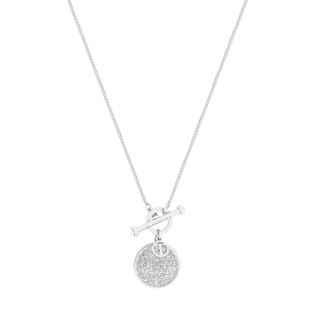 Silver T-Bar Pendant Pave Set Circle by Tipperary This stunning Tipperary T-Bar Pendant features a pave set circle in an exquisite silver finish. Meticulously crafted by Tipperary, this timeless piece evokes a chic sophistication. It's the perfect accessory for any style or occasion.
