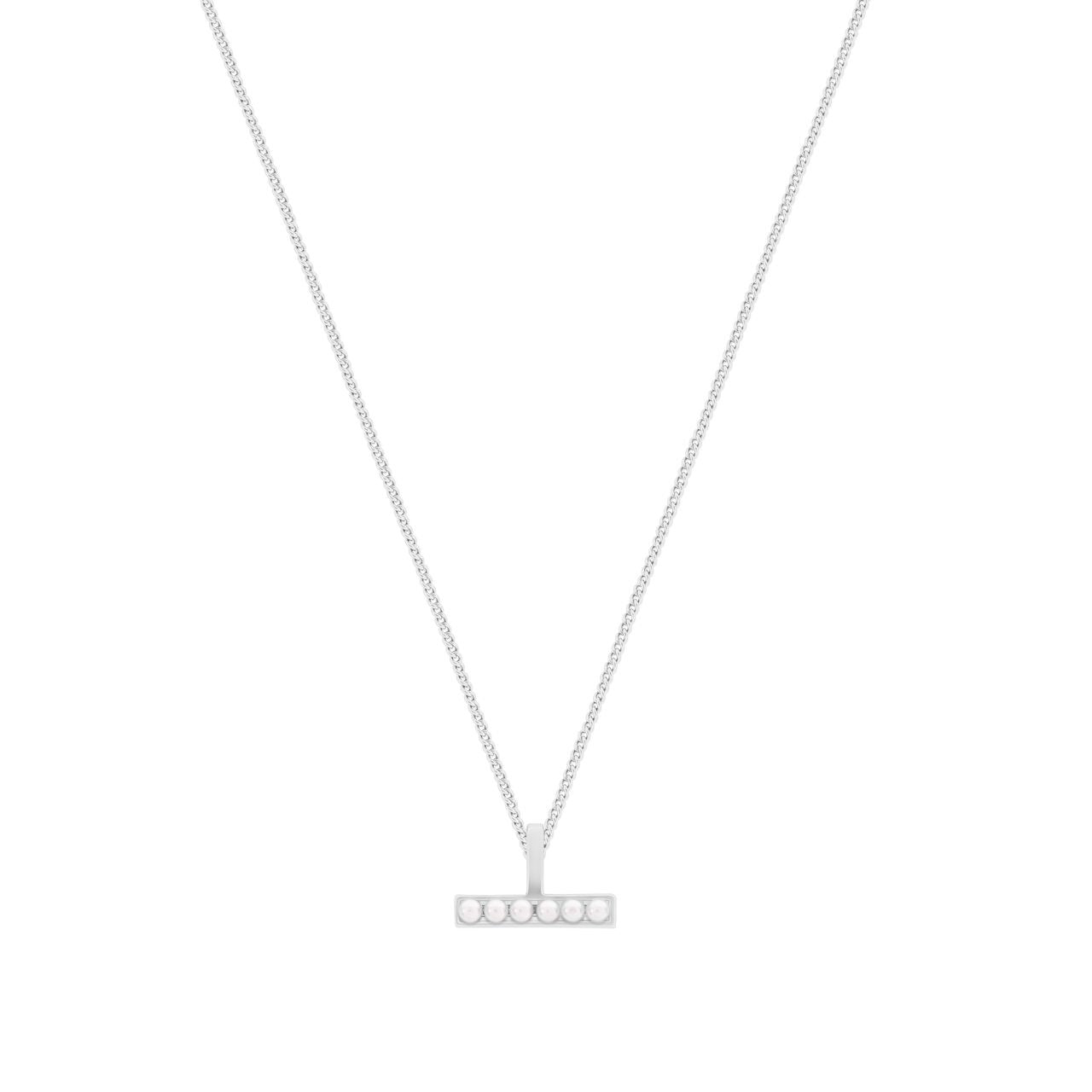 Silver T-Bar Pendant With Six Mini Pearls by Tipperary This chic, silver T-Bar pendant from Tipperary expertly combines traditional design with a modern twist. With a classic pearl center, this piece adds a timeless sophistication to any outfit. Elevate your style with this high-quality pendant.