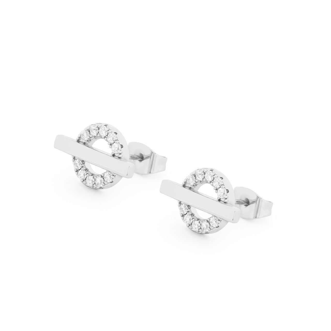 T-Bar Stud Earrings Silver Circle CZ by Tipperary These Tipperary T-Bar Earrings are the perfect addition to any ensemble. Lightweight and flexible, providing a comfortable fit for any wearer. The T-bar design offers an understated yet luxurious look, certain to elevate any look.