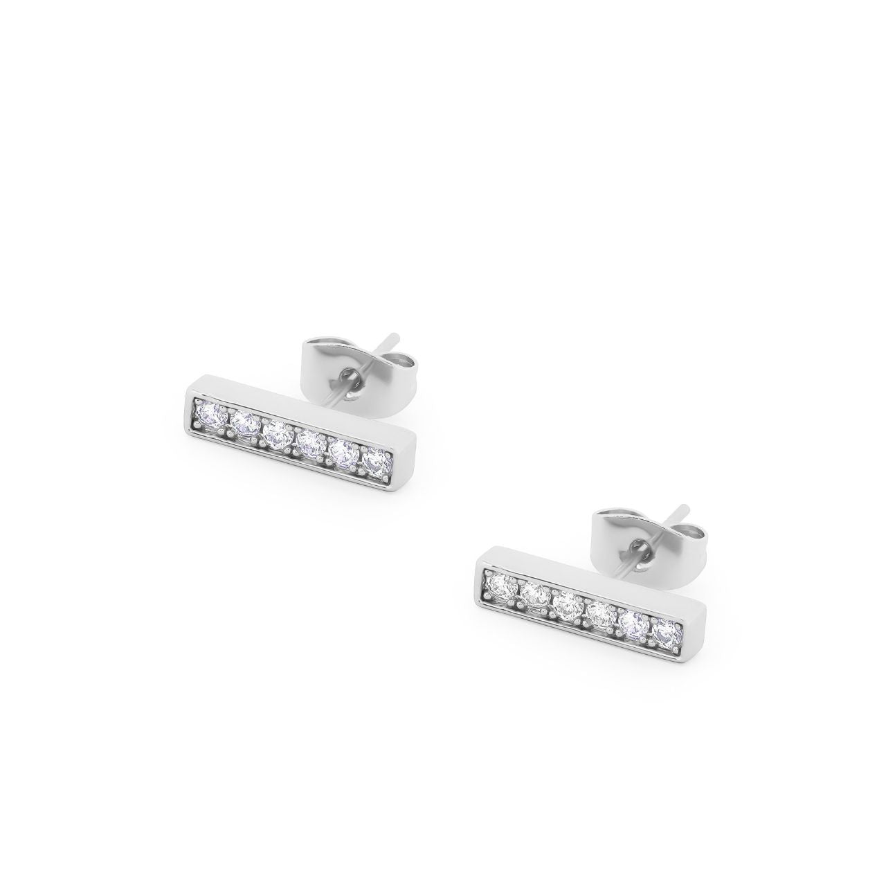 T-Bar Stud Earrings Silver Set With CZ by Tipperary These Tipperary T-Bar Earrings are the perfect addition to any ensemble. Lightweight and flexible, providing a comfortable fit for any wearer. The T-bar design offers an understated yet luxurious look, certain to elevate any look.