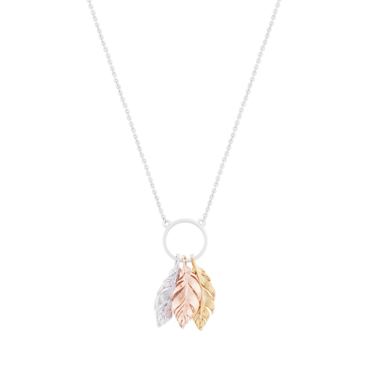 Three Tone Feather & Circle Pendant by Tipperary Tipperary's New Feather Collection exhibits an exquisite feather design, crafted by the professional artisans of the brand. Exquisitely refined, this collection offer a contemporary interpretation of classic jewellery pieces. Enhance any apparel by donning the refined Feather Collection.