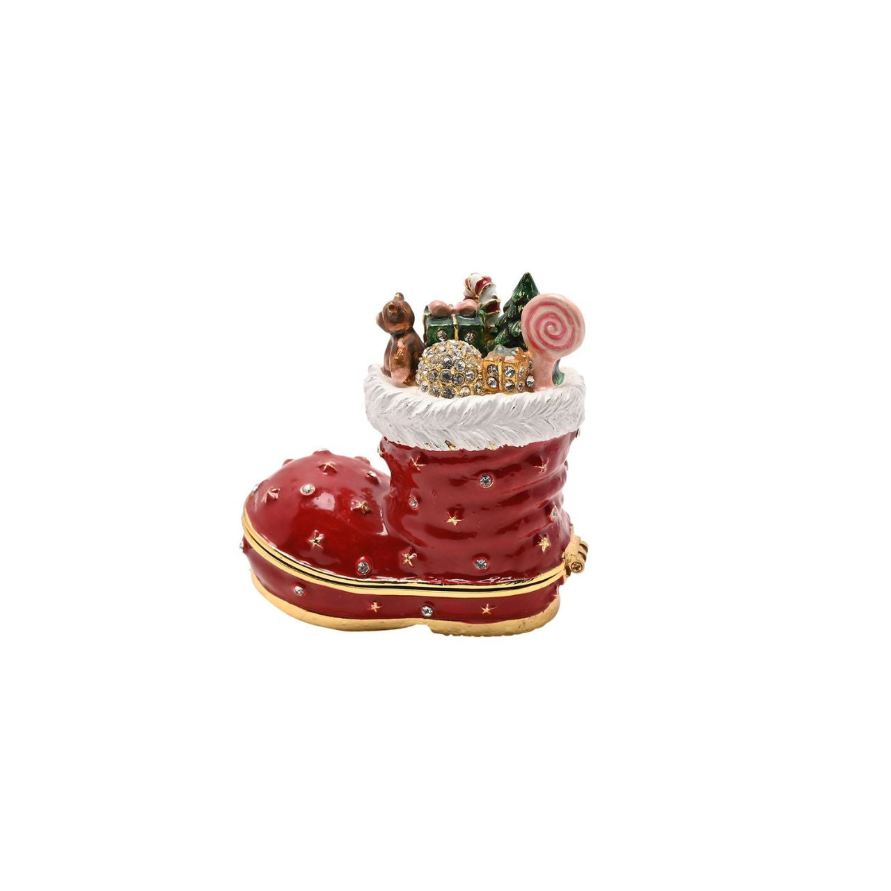 Brighten your shelves this Christmas with this wonderfully cheerful handpainted Christmas boot Treasured Trinket box. From the Christmas Treasured Trinkets range, part of the Royal Affair collection by Santa's Workshop - step into an opulent Christmas fairy tale.