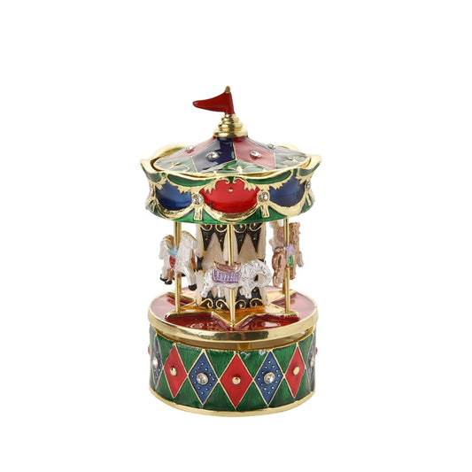 Step into the enchanting world of the Treasured Trinkets - Musical Carousel by STRATTON, a whimsical and meticulously crafted musical trinket that captures the nostalgic charm of a classic carousel.