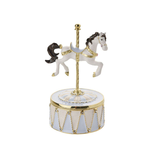 Step into the enchanting world of the Treasured Trinkets - Musical Carousel Horse in Blue by STRATTON, a whimsical and meticulously crafted musical trinket that captures the nostalgic charm of a classic carousel.