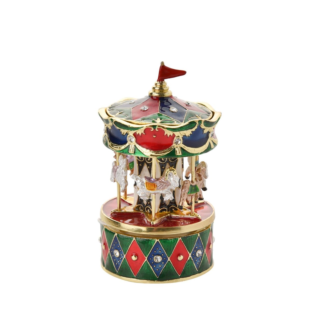 Step into the enchanting world of the Treasured Trinkets - Musical Carousel by STRATTON, a whimsical and meticulously crafted musical trinket that captures the nostalgic charm of a classic carousel.