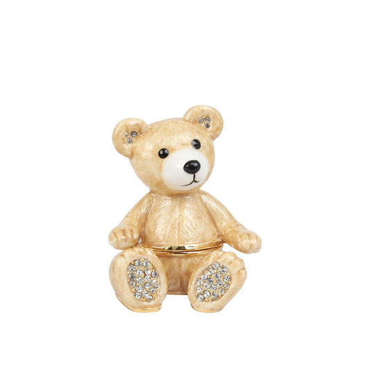 This intricately detailed hand painted trinket features cream fur with clear crystal encrusted foot pads. The teddy has black eyes and a cute button nose. The box opens along the middle to reveal a space for small trinkets or jewellery.