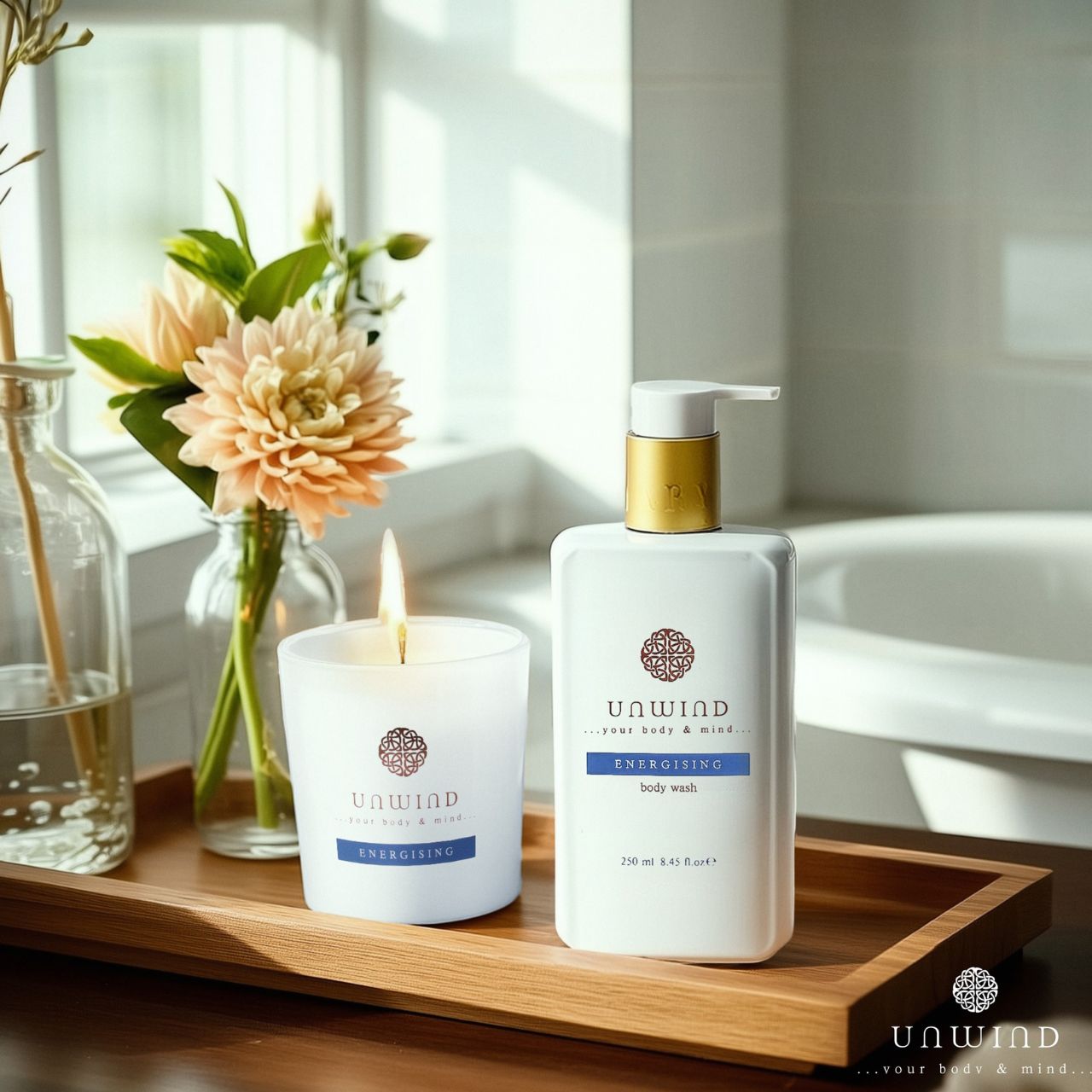 Unleash vitality with our Energising Body wash, Body cream and Candle set, a dynamic addition to the Unwind skincare collection.