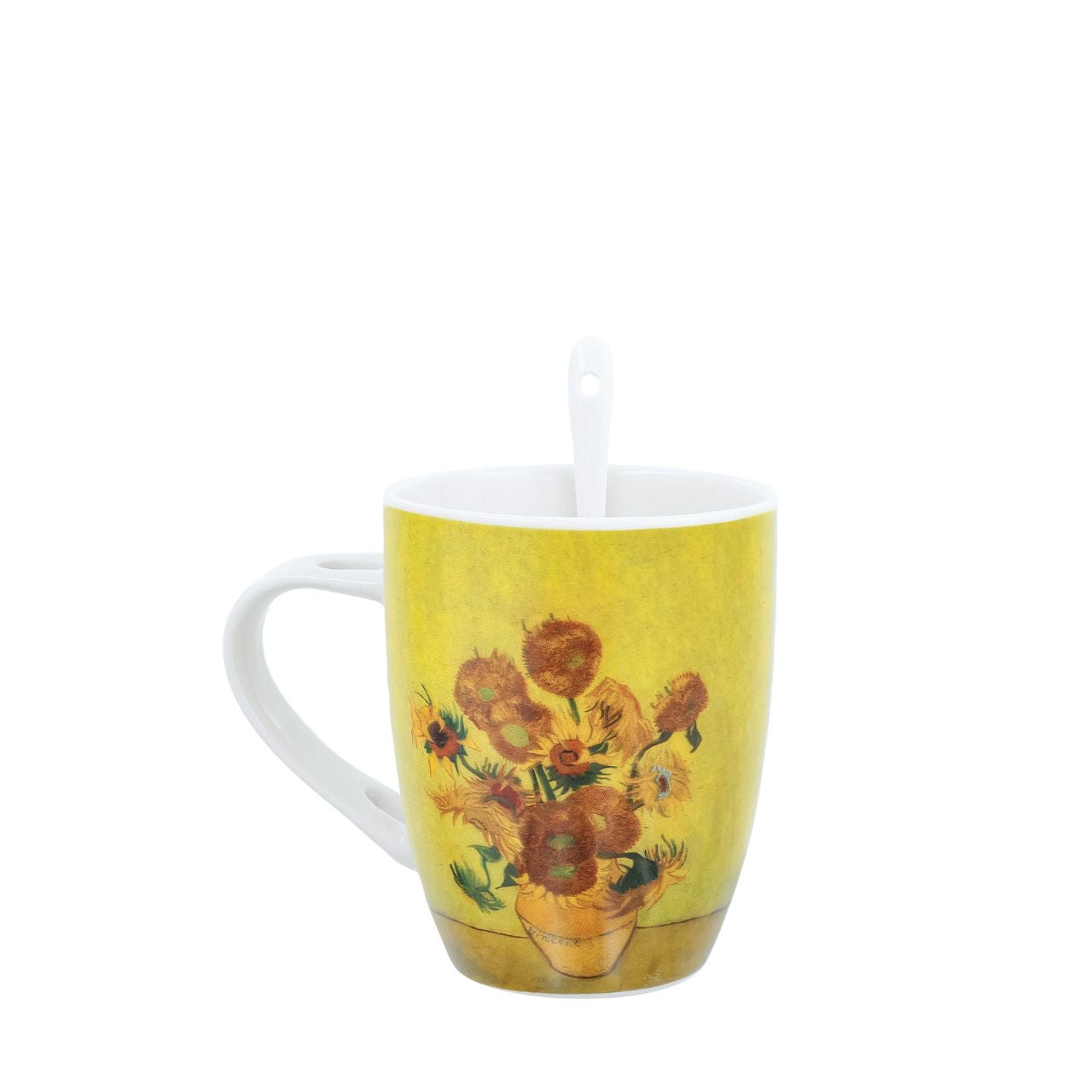 Ceramic mug with spoon perfect for drinking your coffee or tea. Based on the famous painting "Sunflower" by Dutch Post-Impressionist painter Vincent Van Gogh.