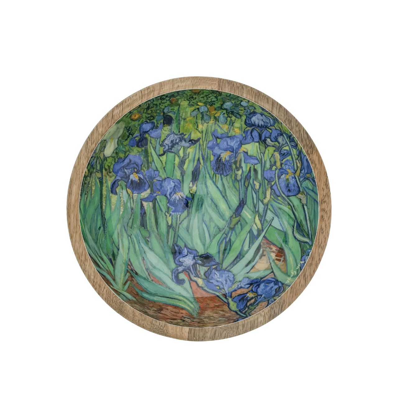 Beautiful round wooden dish with a beautiful varnished print in the centre. Can be used as a trinket tray, fruit basket, or any other decorative, practical or food use.