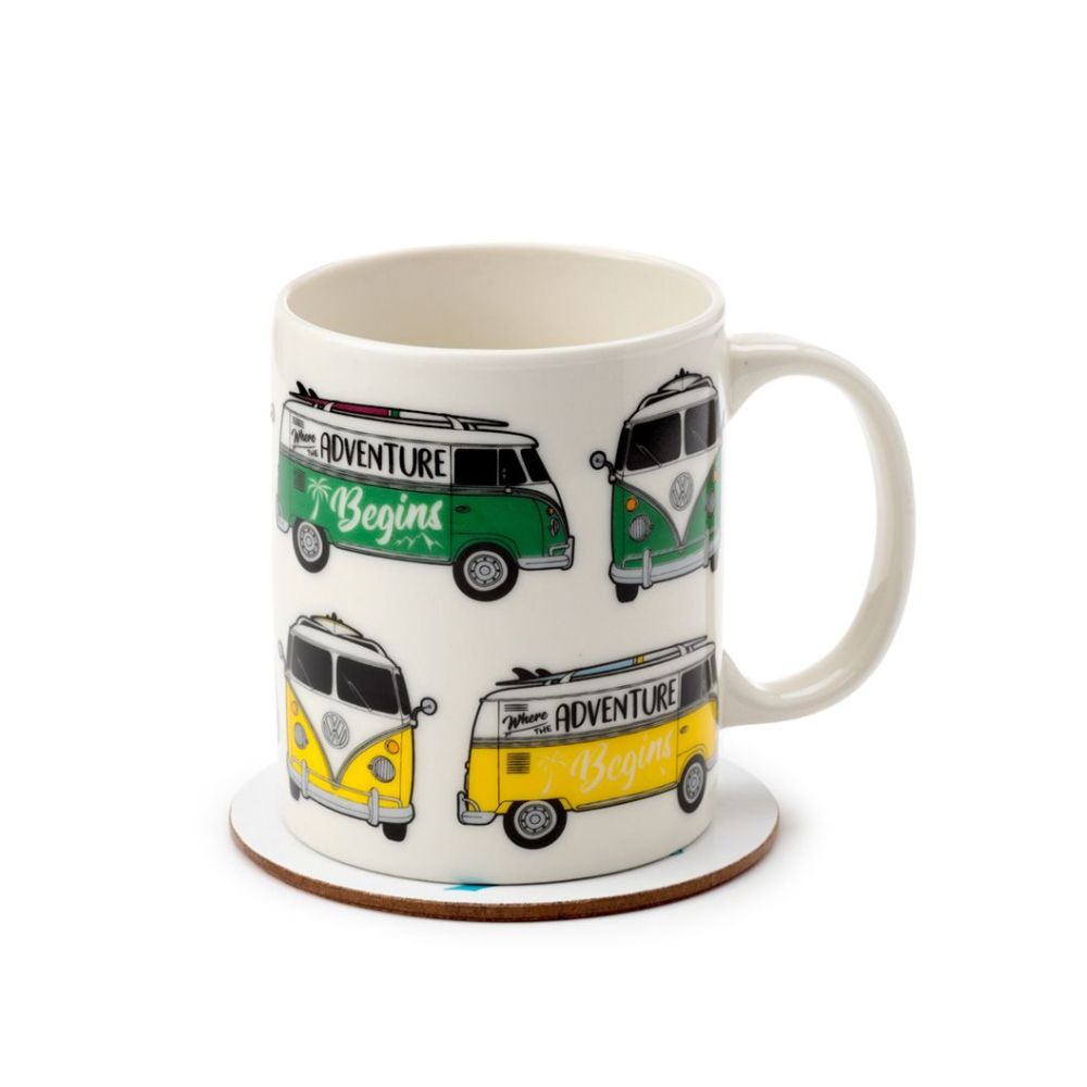 Volkswagen VW T1 Camper Bus Porcelain Mug & Coaster Set Enjoy a hot cup of your favourite beverage with this Volkswagen VW T1 Camper Bus Porcelain Mug & Coaster Set. Crafted from fine porcelain, the intricate VW T1 Camper Bus design is replicated expertly with vibrant colours, providing a unique and stylish addition to your collection.
