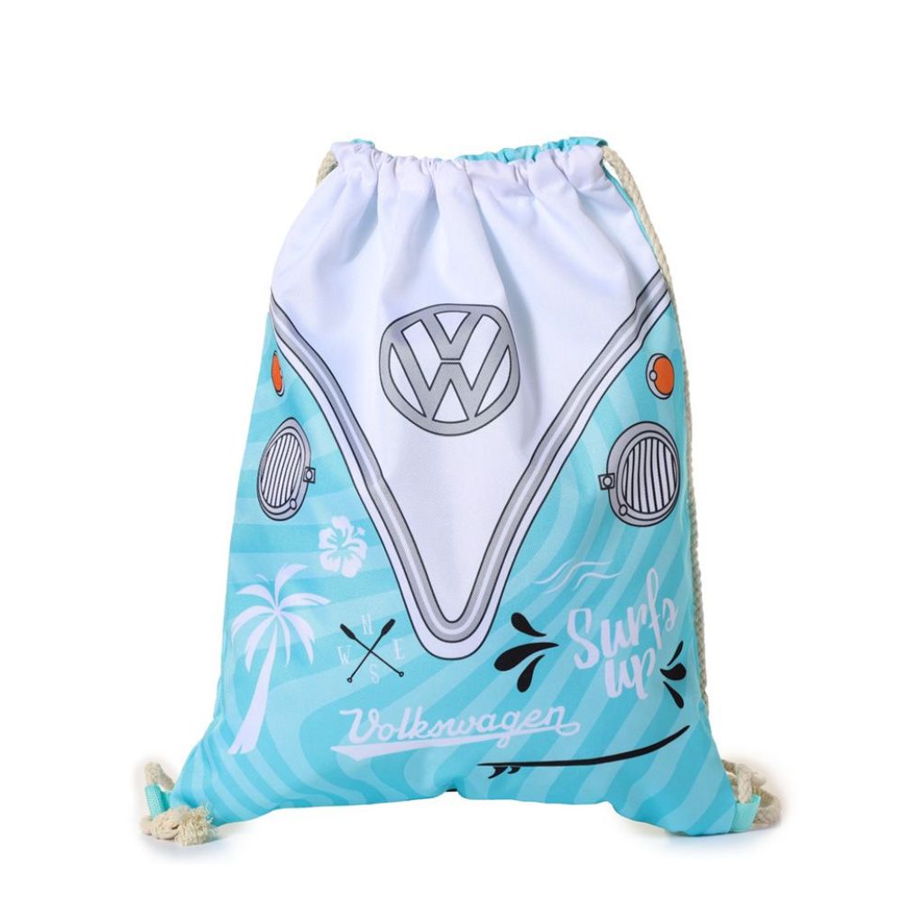 Volkswagen VW T1 Camper Bus Surf Adventure Drawstring Bag The Volkswagen VW T1 Camper Bus Summer Surf Drawstring Bag is ideal for any fan of the classic VW camper. Made of sturdy polyester for lasting use, the design features a vivid sleeping Camper Bus against a bright blue, perfect for bringing summer love wherever you go.