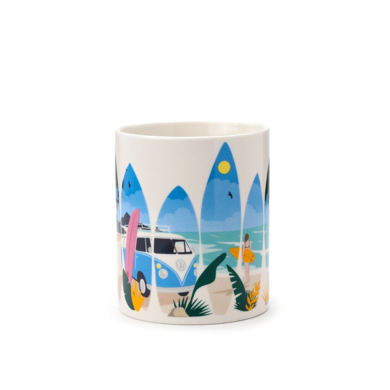 Enjoy your favourite beverage in style with the Volkswagen VW T1 Camper Bus Waves are Calling Mug. Crafted from fine porcelain, this elegant mug combines timeless design with a nostalgic nod to classic camper culture.